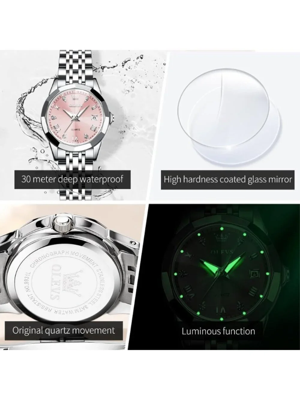 Women's Silver Pink Stainless Steel Luxury Ladies Waterproof Writs Diamond Watch